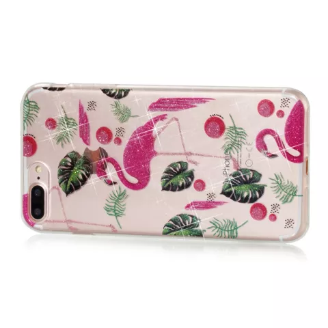 Flamingo Tropical Glitter TPU H&uuml;lle f&uuml;r iPhone 7 Plus 8 Plus - Transparent Pink Green