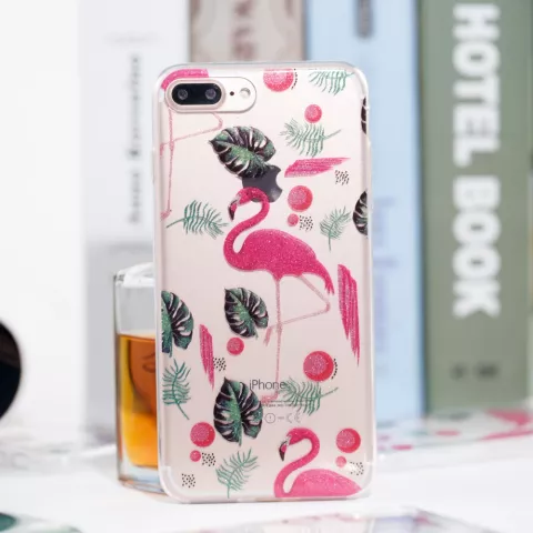 Flamingo Tropical Glitter TPU H&uuml;lle f&uuml;r iPhone 7 Plus 8 Plus - Transparent Pink Green