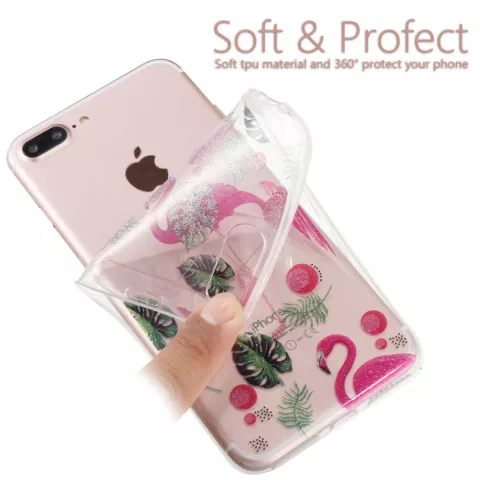 Flamingo Tropical Glitter TPU H&uuml;lle f&uuml;r iPhone 7 Plus 8 Plus - Transparent Pink Green