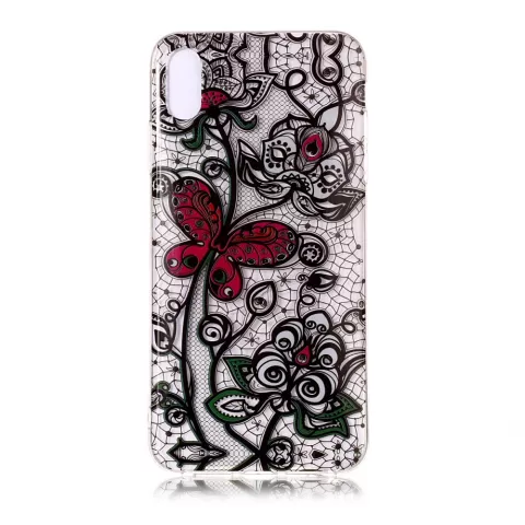 Transparente Spitze Floral Butterfly Case TPU iPhone XR - Schwarz Rot