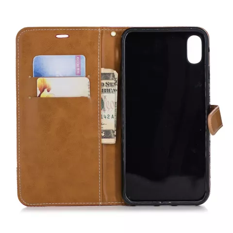 Stoff Leder iPhone XS Max B&uuml;cherregal Brieftasche Standard - Schwarz Braun