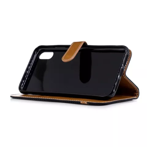 Stoff Leder iPhone XS Max B&uuml;cherregal Brieftasche Standard - Schwarz Braun