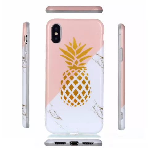 Flexible H&uuml;lle Gold Ananas Marmor Gold Marmor iPhone X XS - Pink Weiss