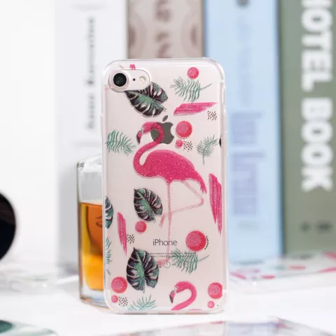 Glitter Powder H&uuml;lle TPU iPhone 7 8 SE 2020 SE 2022 - Flamingos und Bl&auml;tter
