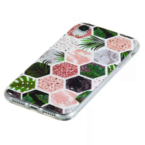 Sechseck-Print Weiche TPU-H&uuml;lle iPhone XR-H&uuml;lle - Bl&auml;tter und Marmor