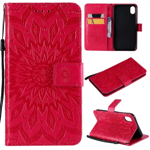 Sonnenblumenmuster Leder Brieftasche B&uuml;cherregal iPhone XR H&uuml;lle - Roter Standard