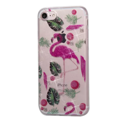 Glitter Powder H&uuml;lle TPU iPhone 7 8 SE 2020 SE 2022 - Flamingos und Bl&auml;tter