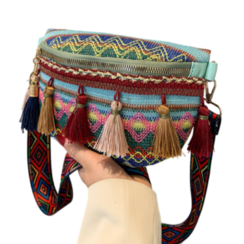 Handliche Umhängetasche aus Segeltuch, Hüfttasche, Festivaltasche mit Quastenverzierung Handliche Umhängetasche aus Segeltuch, Hüfttasche, Festivaltasche mit Quastenverzierung