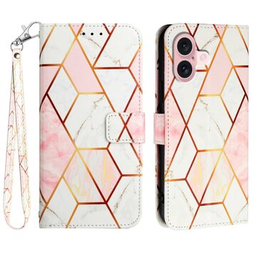 Rose Marble Wallet Kunstlederhülle Kompatibel mit iPhone 16 - Weiß und Rosa Rose Marble Wallet Kunstlederhülle Kompatibel mit iPhone 16 - Weiß und Rosa