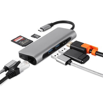 Multifunktionaler USB-C PD Hub mit 4K HDMI SD TF Kartenleser 2x USB 3.0 RJ45 Gigabit Ethernet Adapter Kompatibel mit MacBook