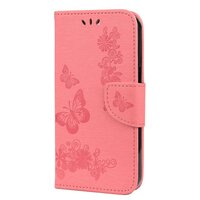 Brieftasche Bücherregal Kunstleder Schmetterlinge und Blumen Hülle für iPhone 13 - Rosa