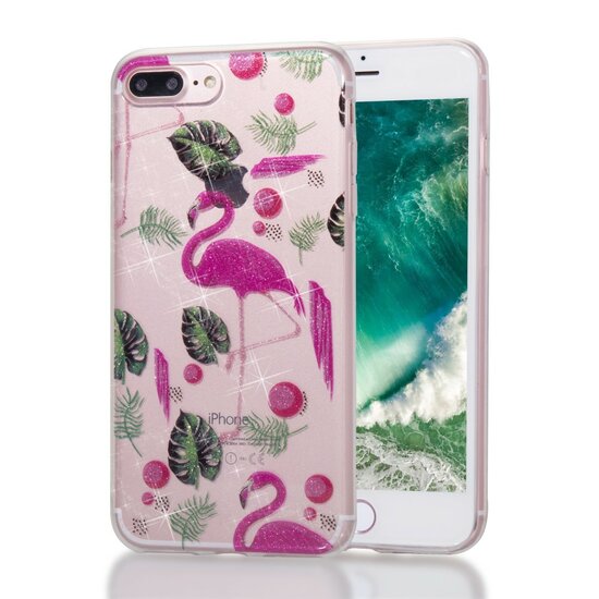 Flamingo Tropical Glitter TPU Hülle für iPhone 7 Plus 8 Plus - Transparent Pink Green